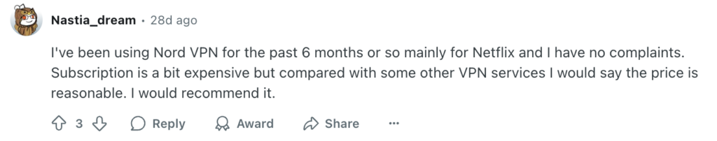 Reddit opinion on NordVPN