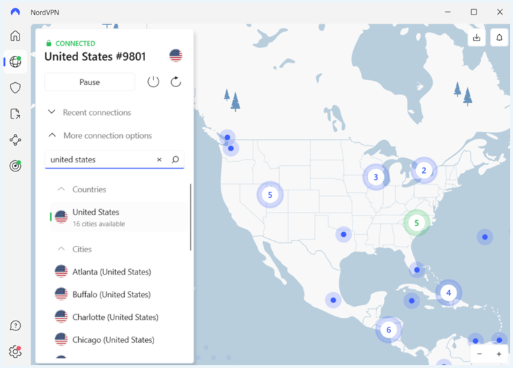 Screenshot of the NordVPN app connected to a US server, with a list of other US servers