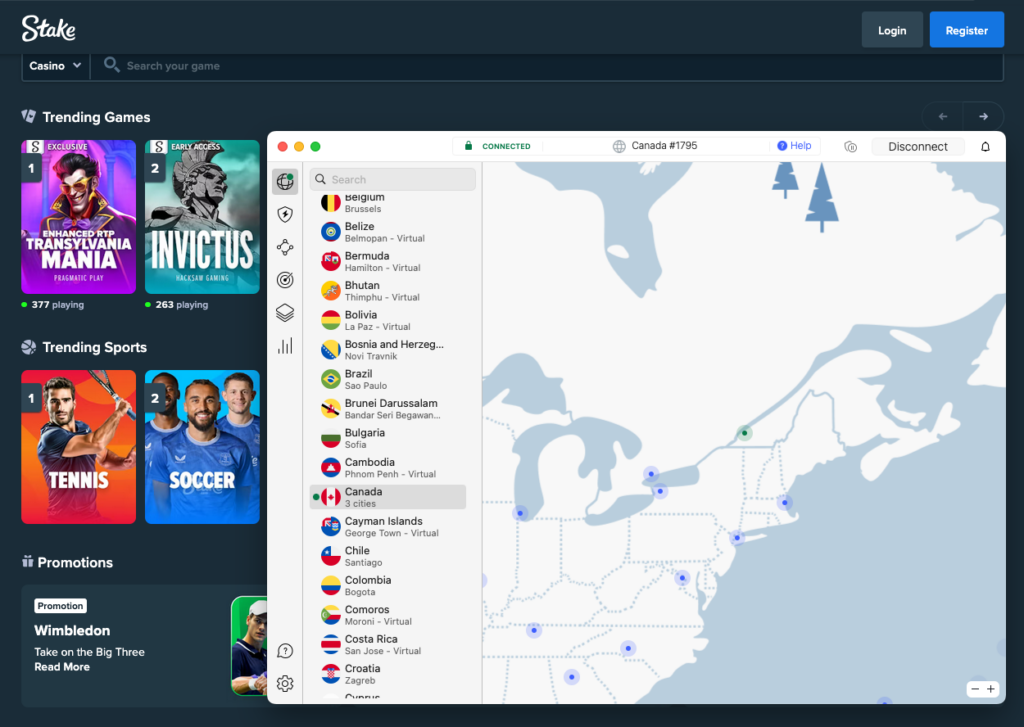Stake.com accessed with NordVPN
