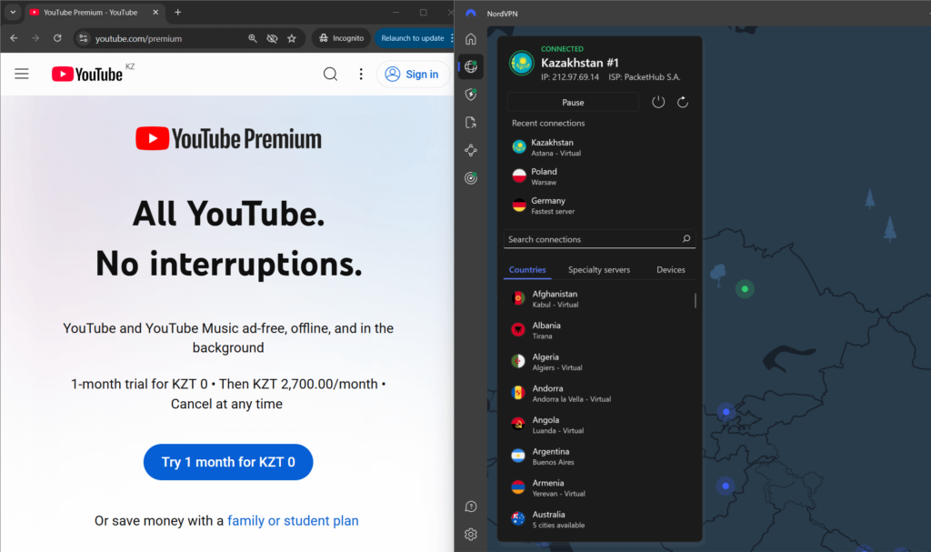 The NordVPN server in Kazakhstan is a reliable choice for YouTube Premium