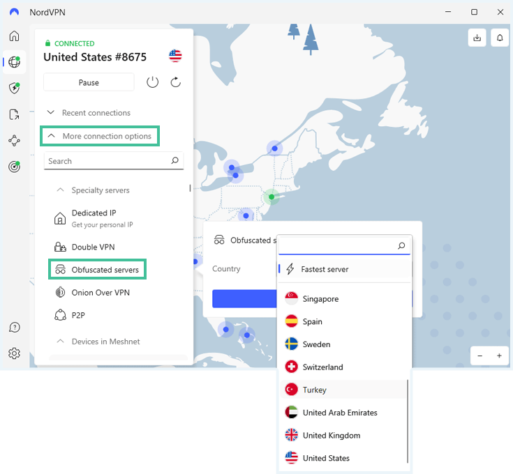 Interface of the NordVPN Windows app with the obfuscated servers highlighted