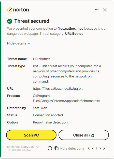 Norton antivirus Anti-Phishing alert