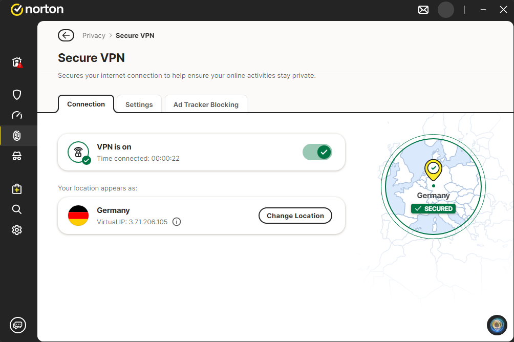 Norton VPN app's interface