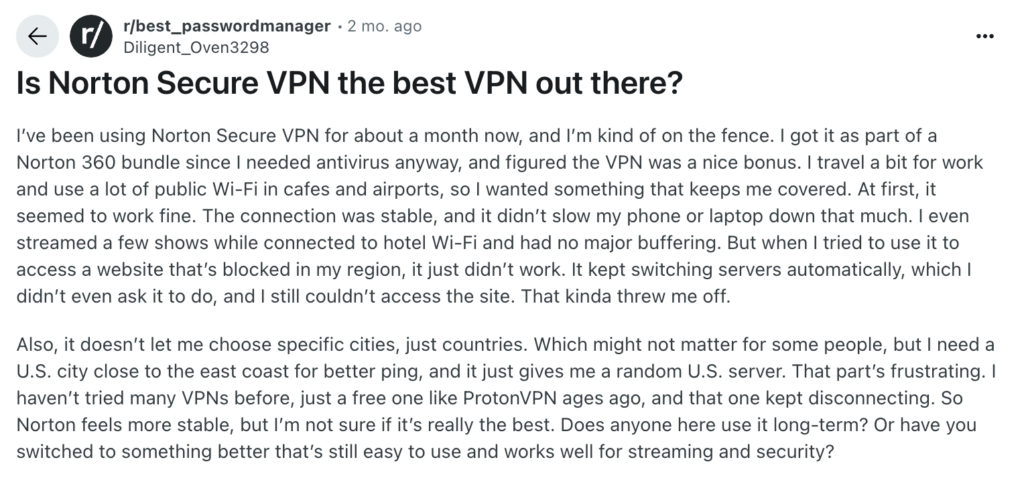 Reddit opinion on Norton VPN