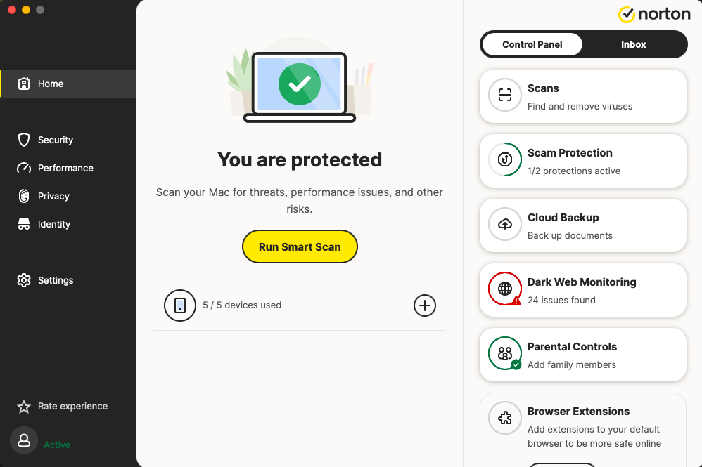 Norton antivirus "You are protected" message