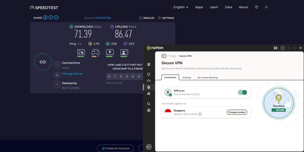 Norton VPN speed test with Singapore server. Baseline speeds - 3ms, 466.29 Mbps download, 582.28 Mbps upload