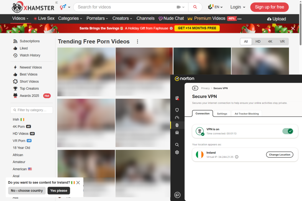 Norton VPN unblocking xHamster with a server in Ireland