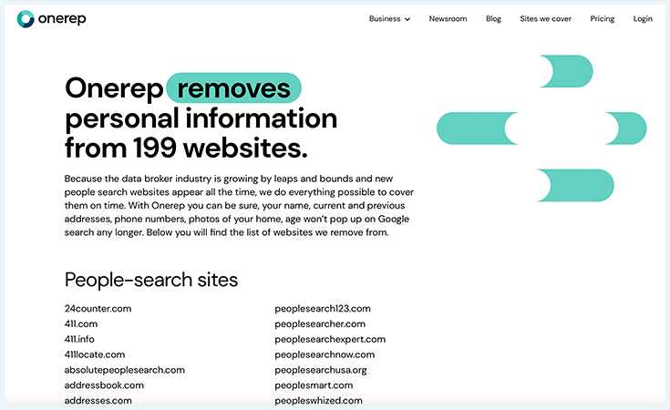 Screenshot of the data broker list on OneRep's website
