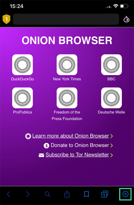 Onion browser with settings icon highlighted