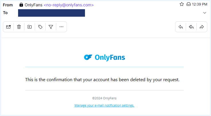 A screenshot of the OnlyFans account deletion email