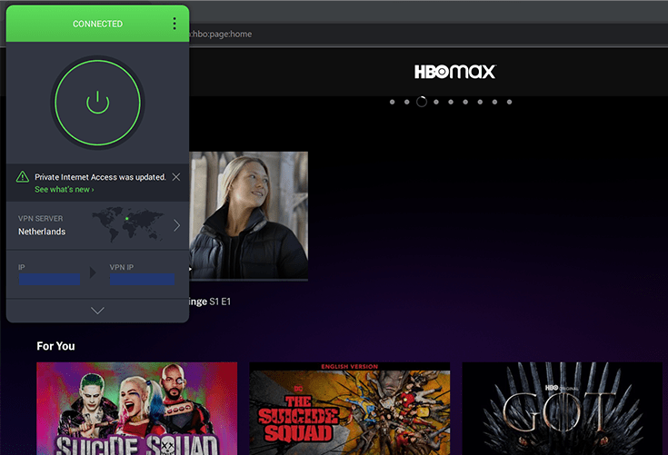 Une capture d'écran de HBO Max, avec Private Internet Access au premier plan, le débloquant.