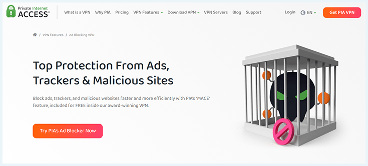 A screenshot of PIA's website homepage spotlighting its ad blocking feature