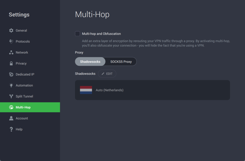 PIA's obfuscation settings and multi-hop connection options