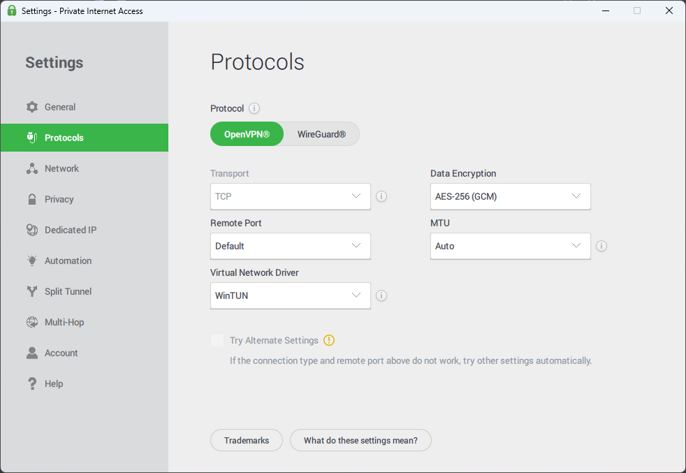 PIA's protocol settings