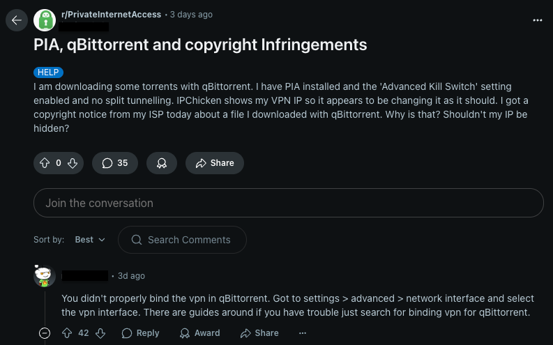 PIA review on Reddit