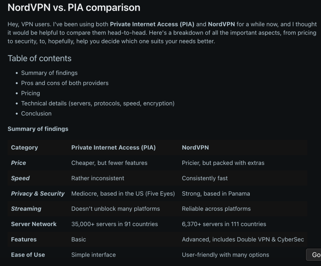 One Reddit user's comparison of PIA vs NordVPN