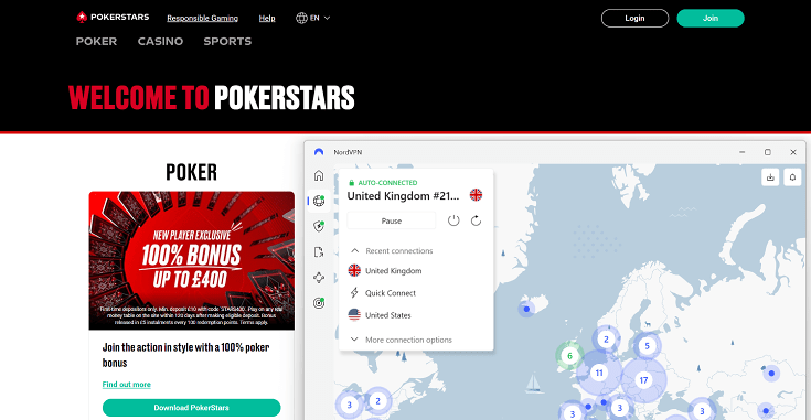PokerStars website unblocked by NordVPN.