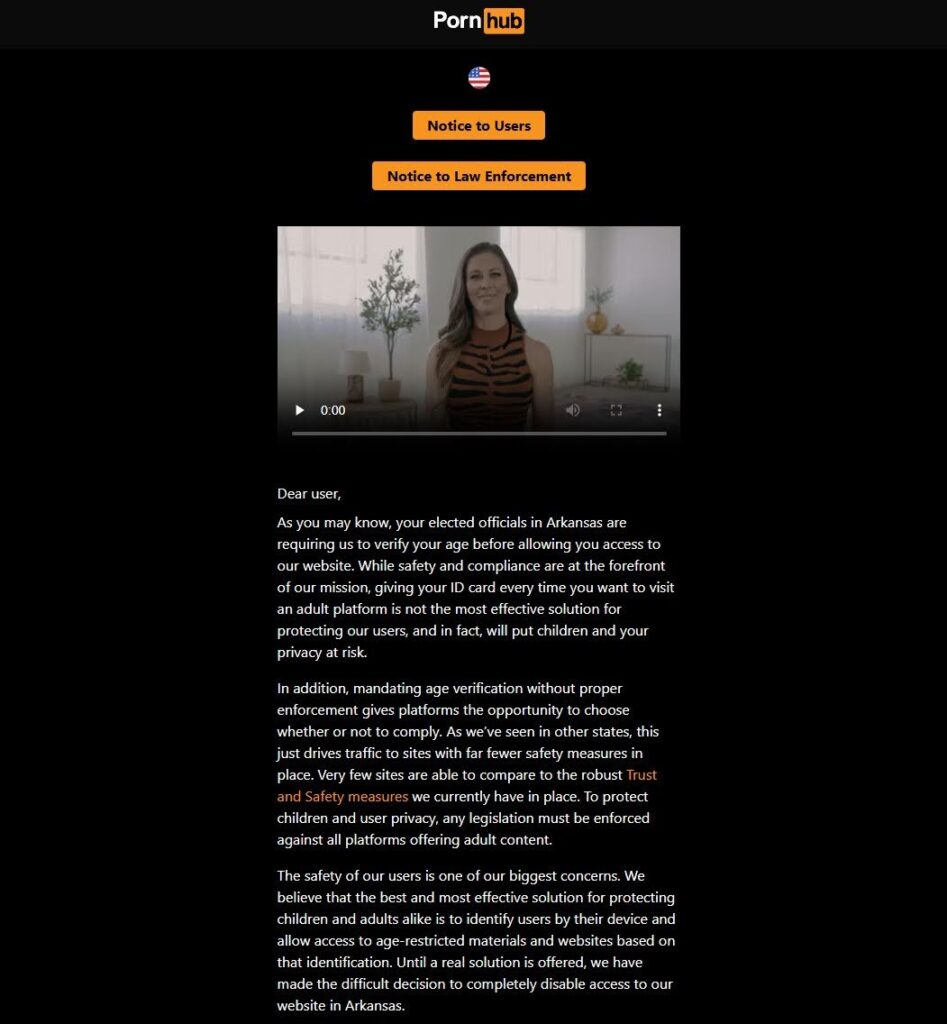 PornHub is blocked in Arkansas