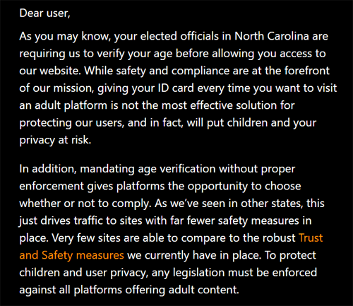 Pornhub notification stating they won't put your privacy at risk with age verification