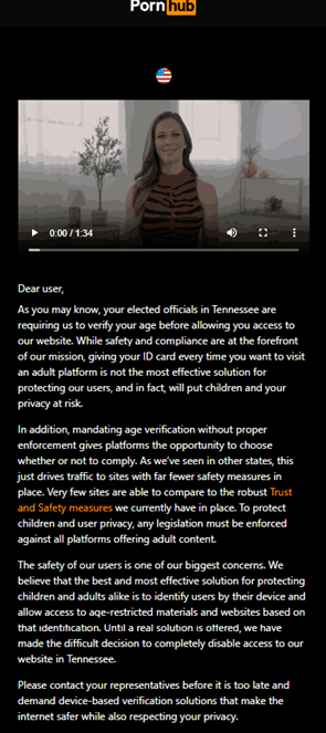 PornHub is blocked in Tennessee