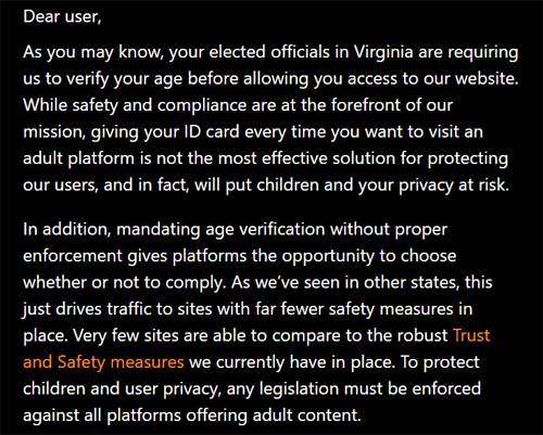 Pornhub notification stating they won't put your privacy at risk with age verification