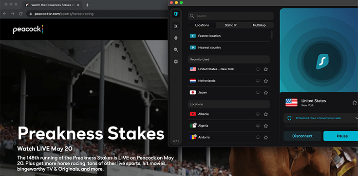 Screenshot of Preakness Stakes on Peacock and Surfshark VPN app open
