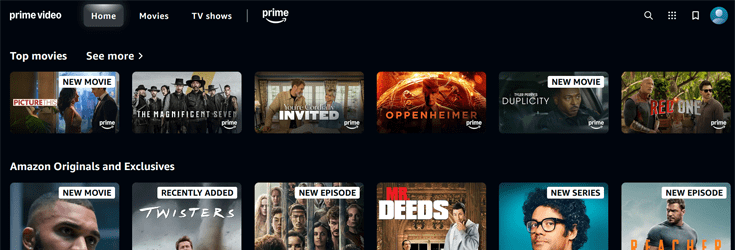 Screenshot of the Prime Video homepage