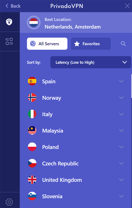 PrivadoVPN location selection PrivadoVPN location selection app view