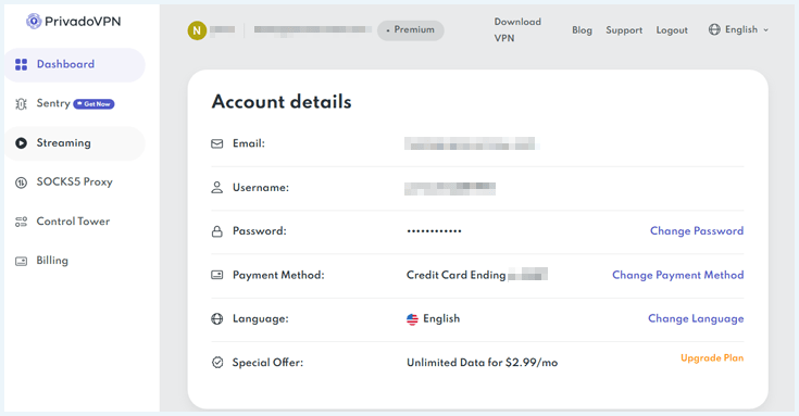 PrivadoVPN account details section PrivadoVPN account details section view