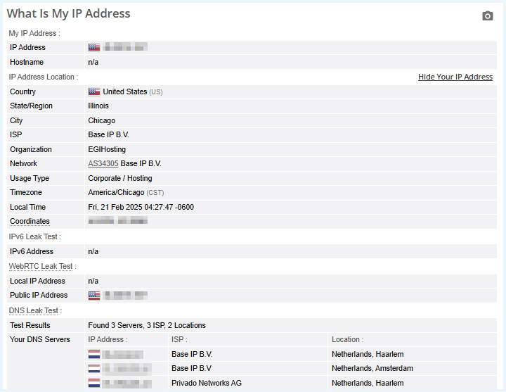 PrivadoVPN IP leak test results PrivadoVPN IP leak test results view