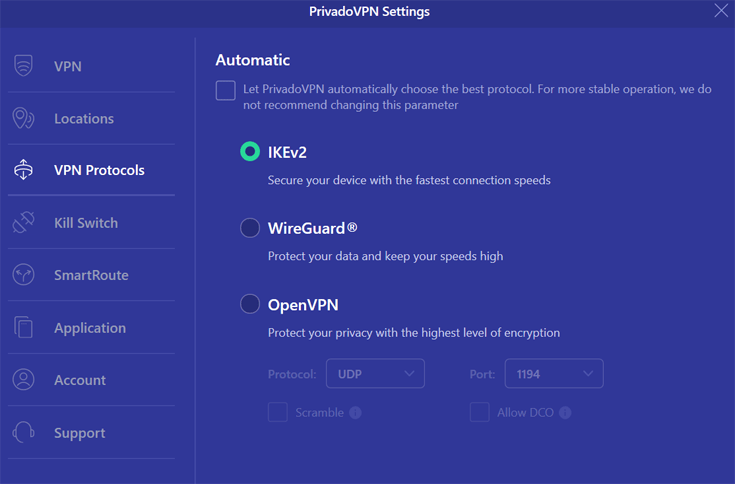 PrivadoVPN protocol settings PrivadoVPN protocol settings app view