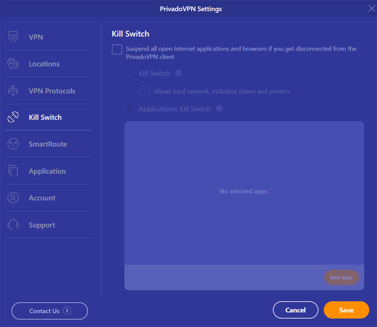 PrivadoVPN kill switch setting PrivadoVPN kill switch app view