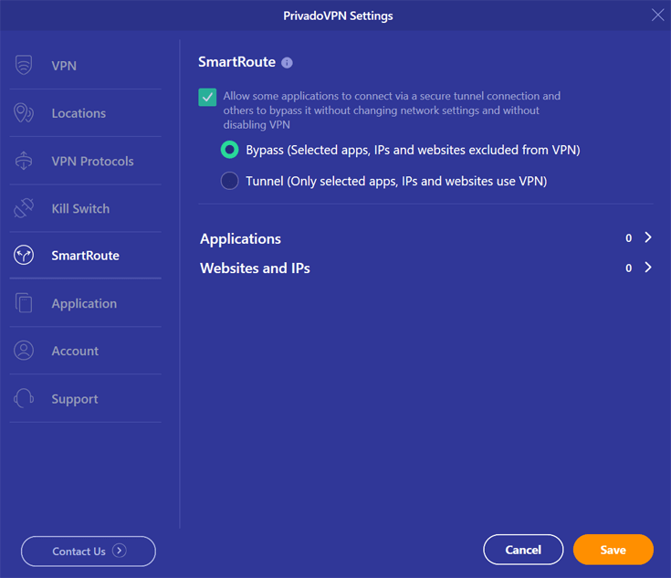 PrivadoVPN split tunneling setting PrivadoVPN split tunneling setting app view