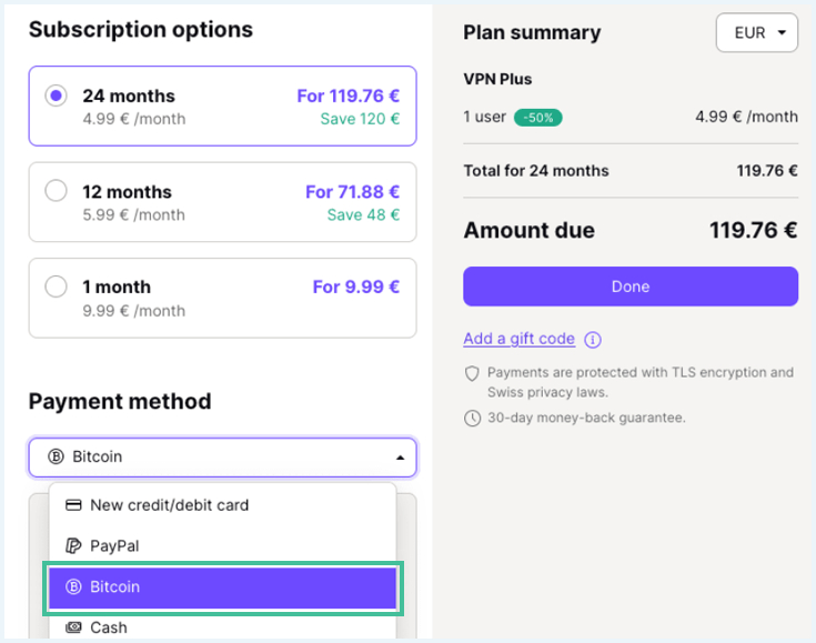 Payment method Proton VPN Bitcoin payment