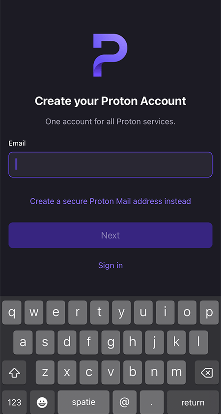 A screenshot of Proton's iOS app where you can create your account.