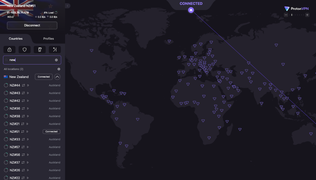 Proton VPN New Zealand server selection