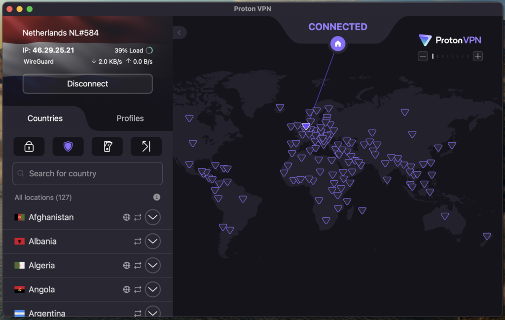 Proton VPN connected to the Netherlands server