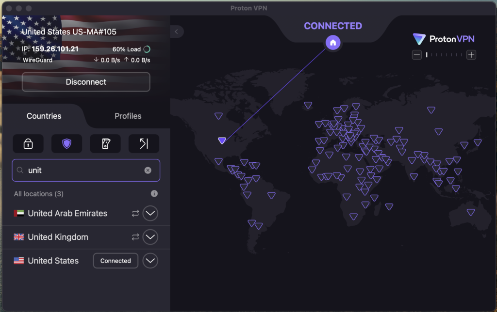 Proton VPN connected to the US server