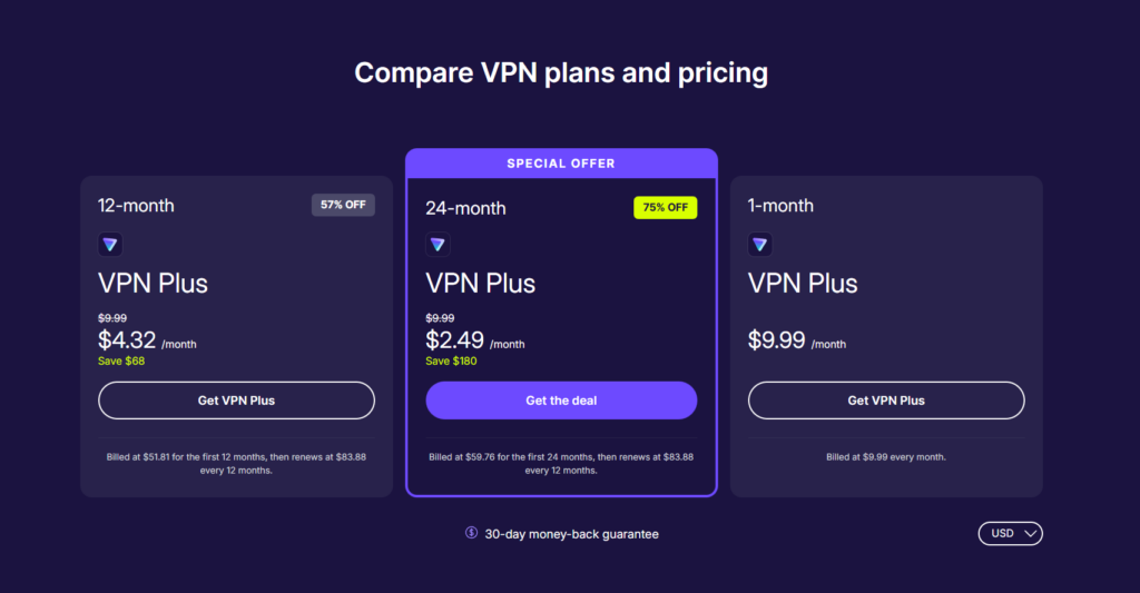 Proton VPN pricing page