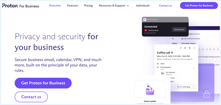 Screenshot of the Proton for Business homepage.