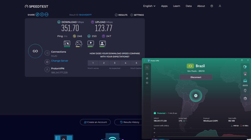 Proton VPN speed test with Brazil server. Baseline speeds - 3ms, 466.29 Mbps download, 582.28 Mbps upload