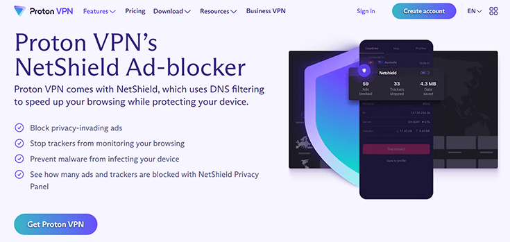 A screenshot of Proton VPN's NetShield's homepage