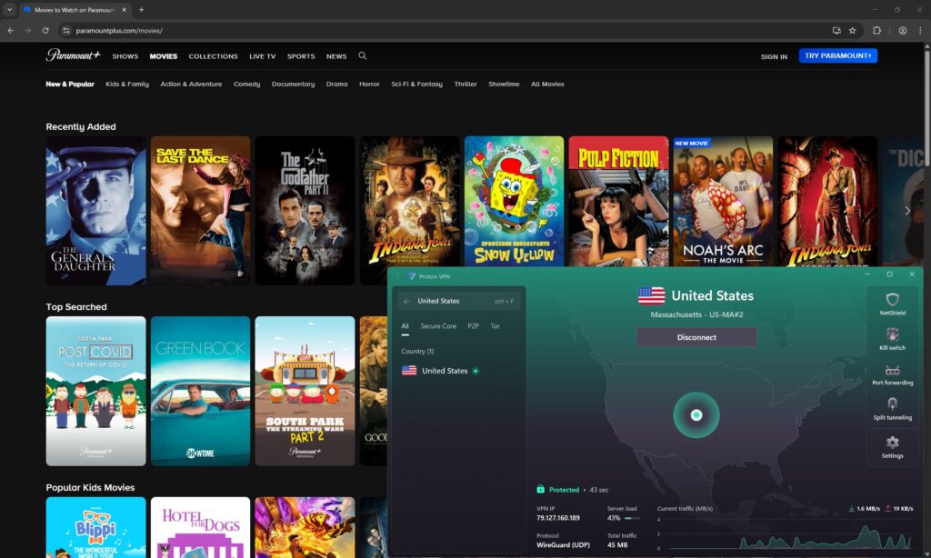 Pramaount Plus accessible via Proton VPN Massachusetts server