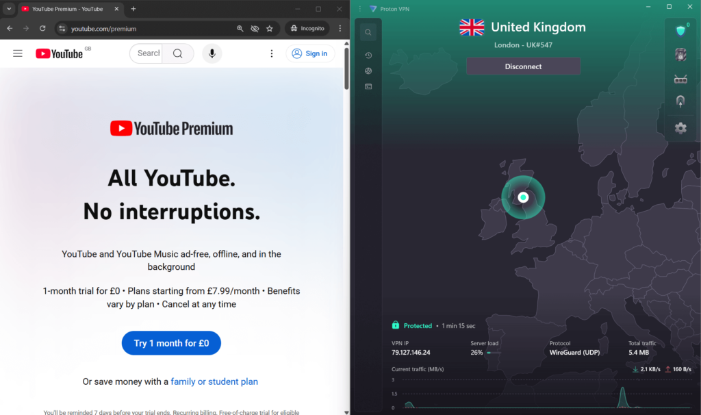 YouTube Premium prices in the UK while using Proton VPN