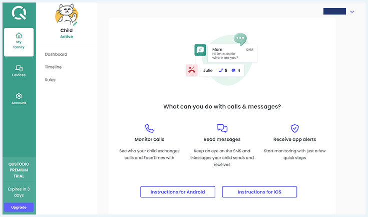 Qustodio's Calls and Messaging feature.