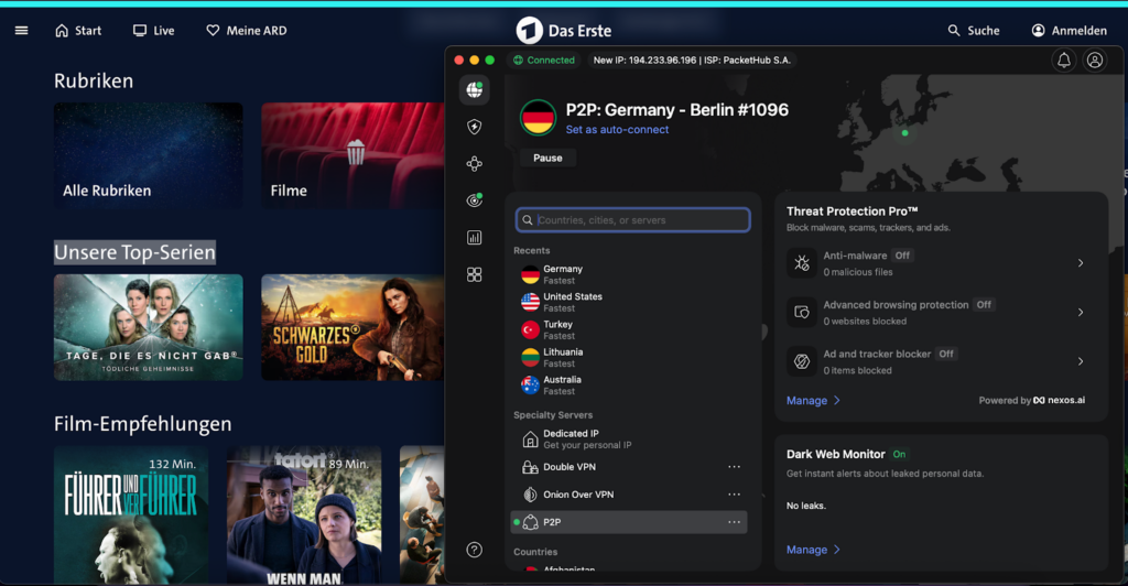 RD Das Erste accessed with NordVPN