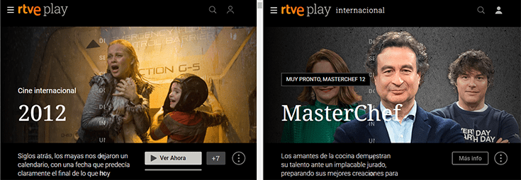 An image showing RTVE Play with the movie 2012 on the left and the show MasterChef on the right
