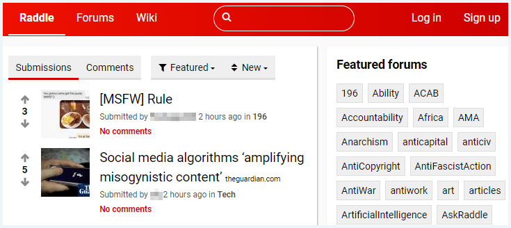 A screenshot of the Raddle homepage showing different forums