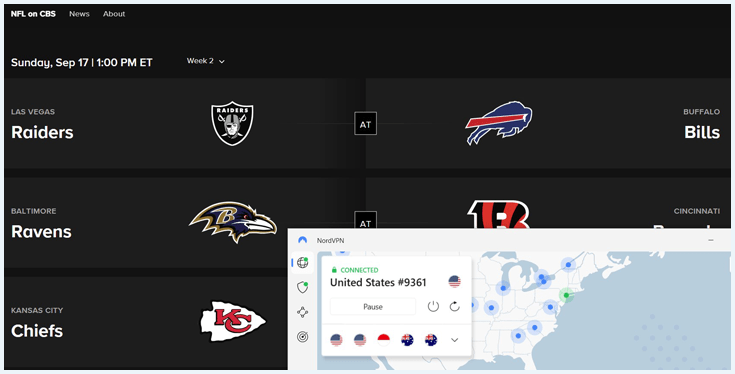 Paramount Plus website showing the NFL on CBS games lined up for Sep 12, 2023 with NordVPN connected to a New York server.