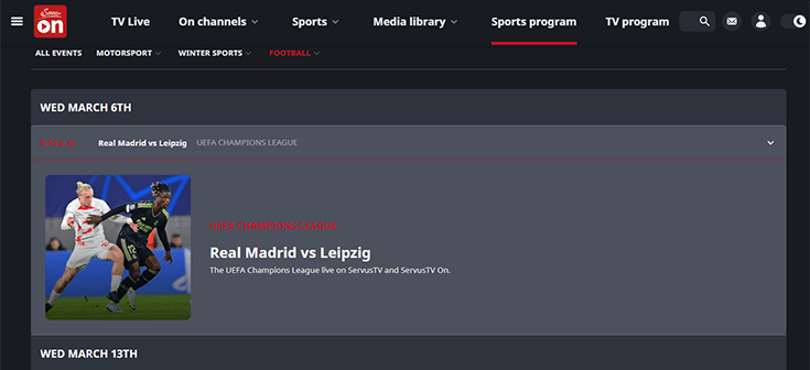Screenshot of Real Madrid vs. Leipzig match on Servus TV